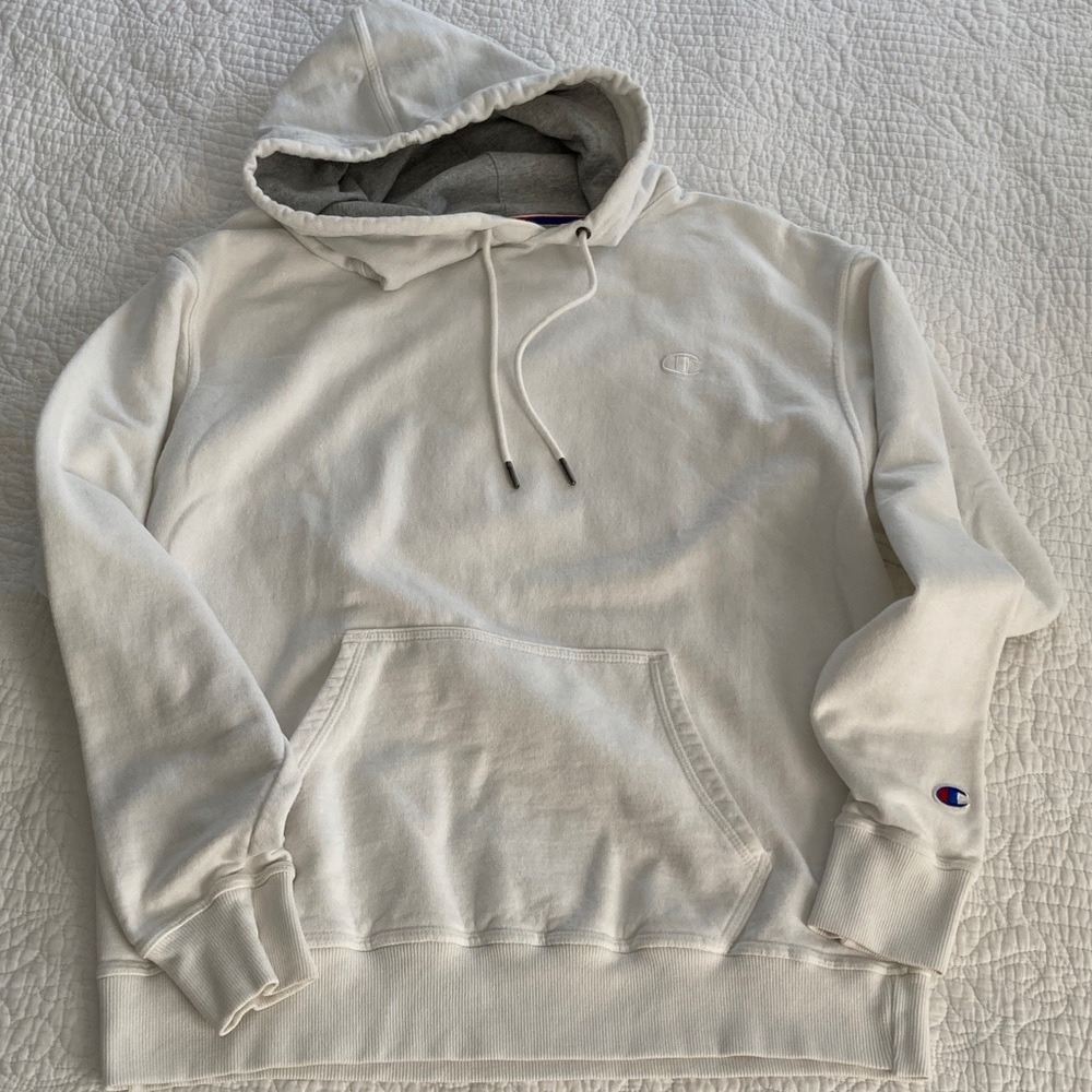 Champion White Pullover Hoodie with Subtle Logo, Large
